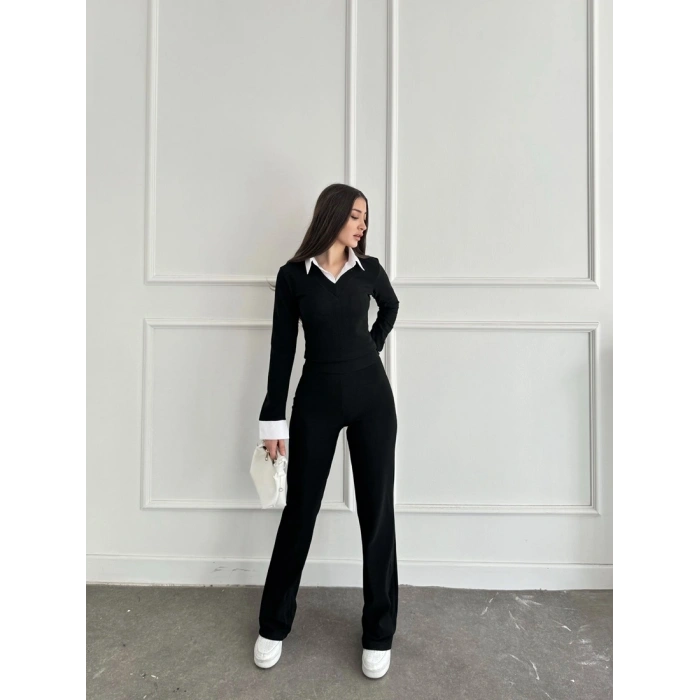 Uzun kol gömlek yaka crop ve pantolonlu ikili takım