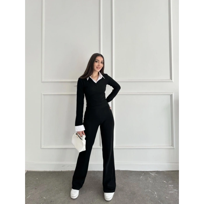 Uzun kol gömlek yaka crop ve pantolonlu ikili takım