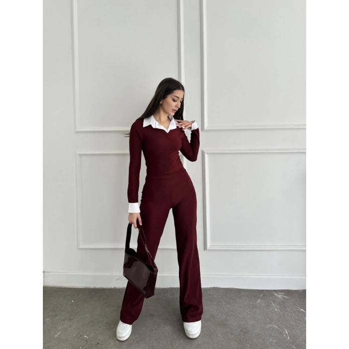 Uzun kol gömlek yaka crop ve pantolonlu ikili takım