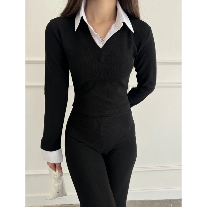 Uzun kol gömlek yaka crop ve pantolonlu ikili takım