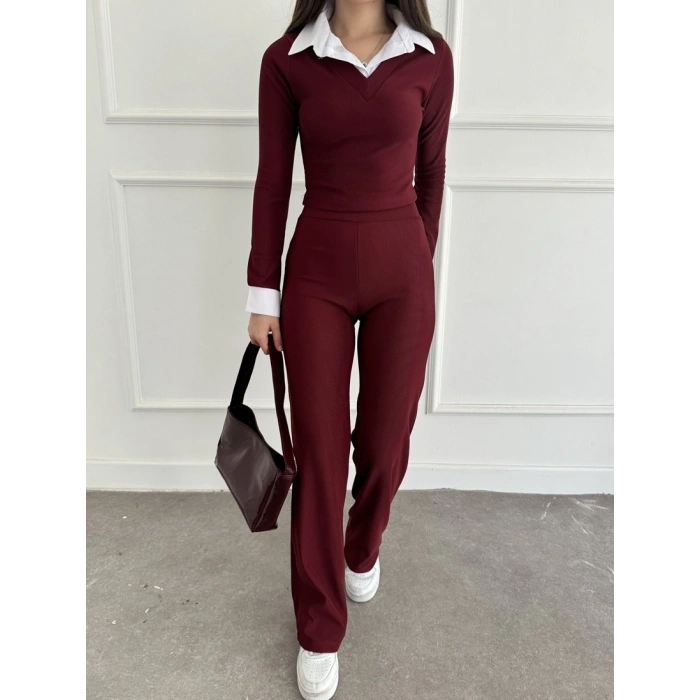 Uzun kol gömlek yaka crop ve pantolonlu ikili takım