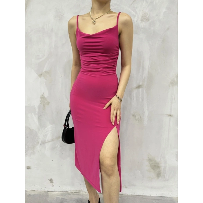 Sandy askılı yırtmaçlı elbise