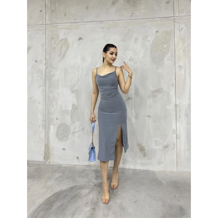 Sandy askılı yırtmaçlı elbise