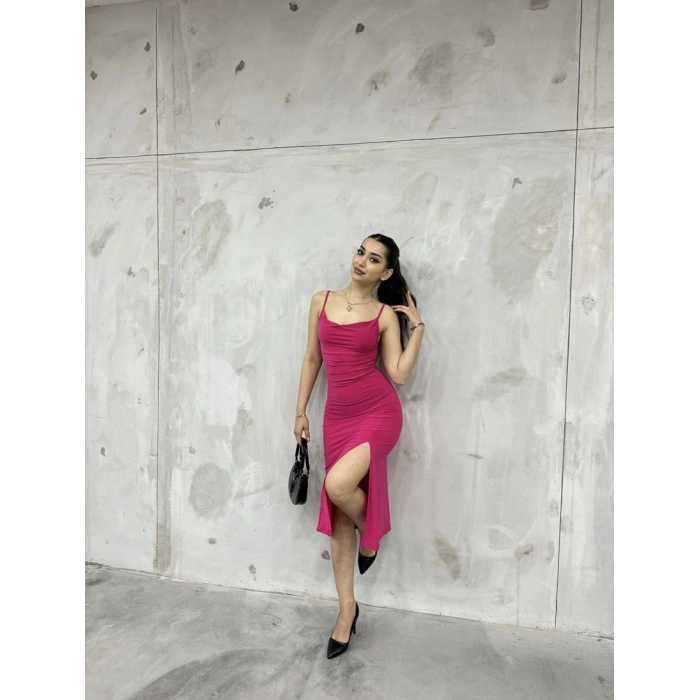 Sandy askılı yırtmaçlı elbise