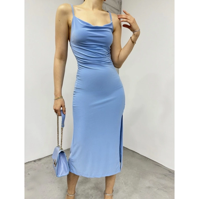 Sandy askılı yırtmaçlı elbise