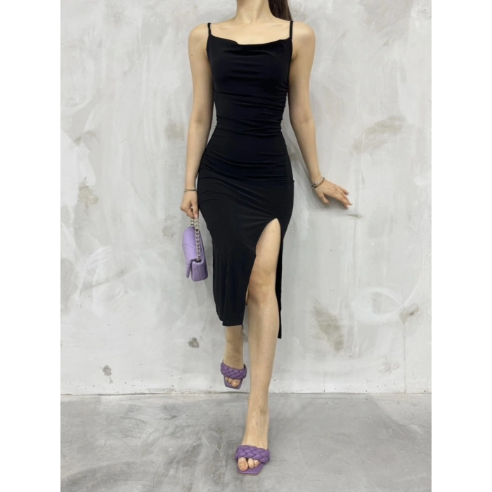 Sandy askılı yırtmaçlı elbise