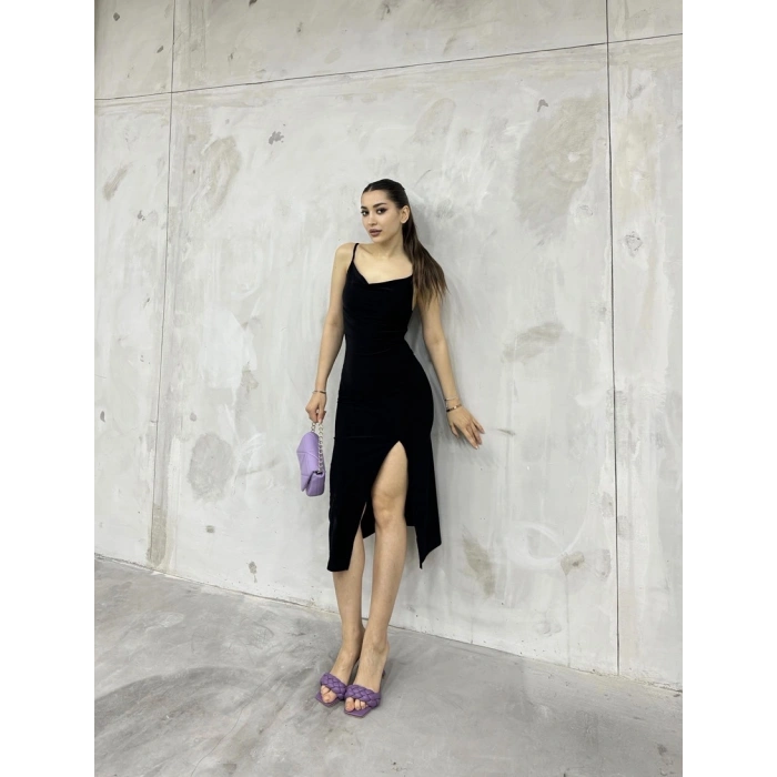 Sandy askılı yırtmaçlı elbise