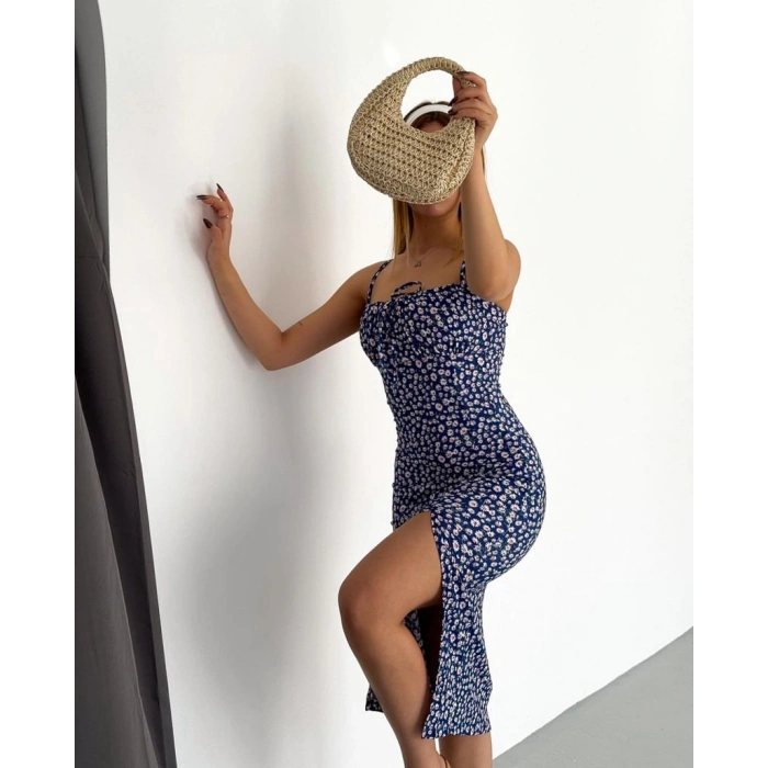 Bürümcük kumaş çıtır çiçekli askılı elbise