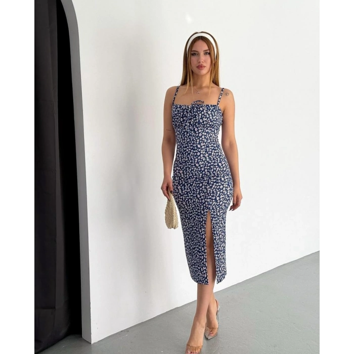 Bürümcük kumaş çıtır çiçekli askılı elbise