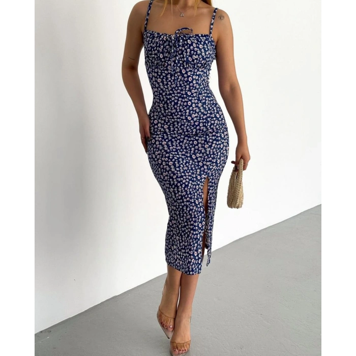 Bürümcük kumaş çıtır çiçekli askılı elbise