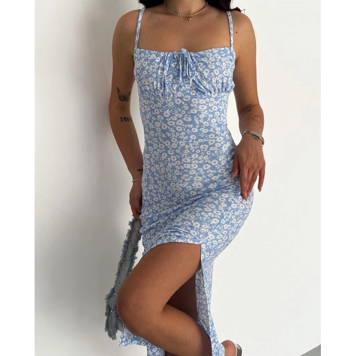 Bürümcük kumaş çıtır çiçekli askılı elbise