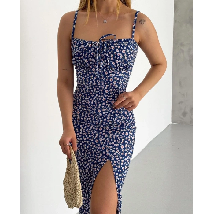 Bürümcük kumaş çıtır çiçekli askılı elbise