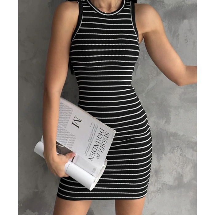 Çizgili halter yaka mini elbise