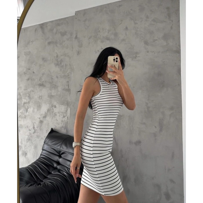 Çizgili halter yaka mini elbise