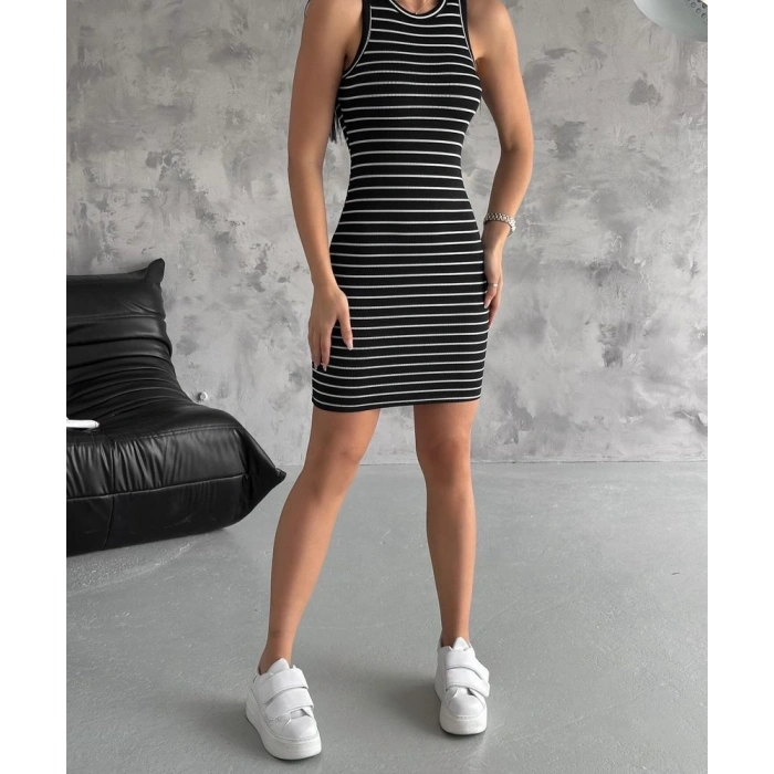 Çizgili halter yaka mini elbise
