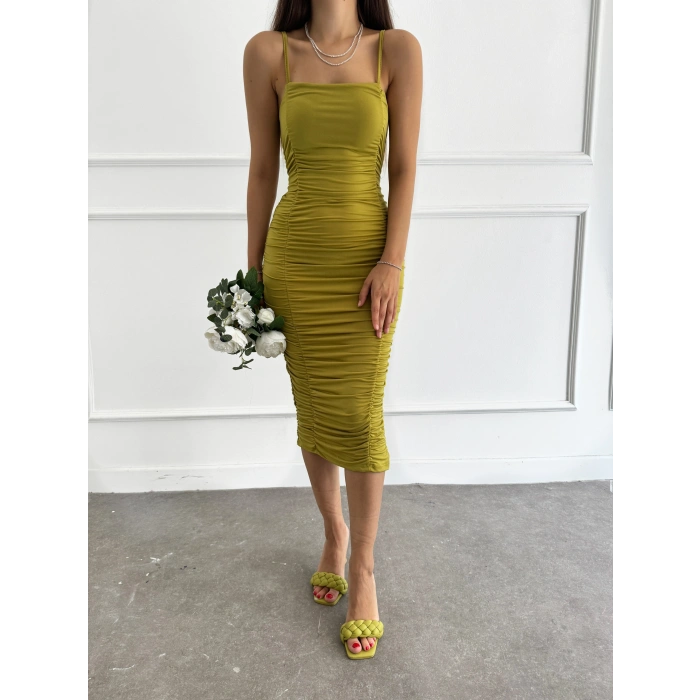 Askılı önü büzgü detay elbise