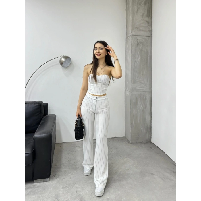 Çizgili Straplez pantolonlu ikili takım