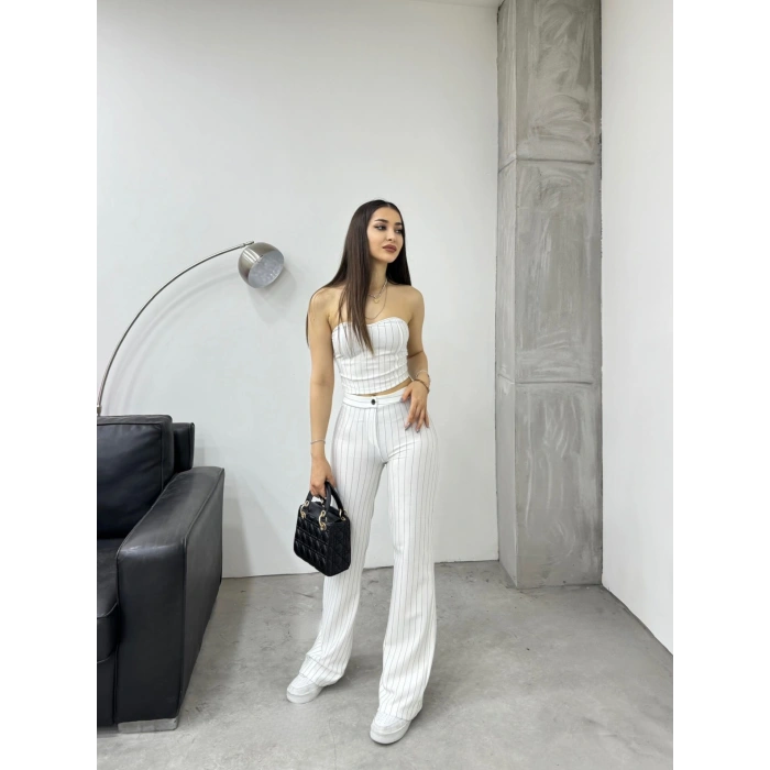 Çizgili Straplez pantolonlu ikili takım