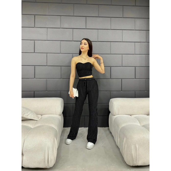 Çizgili Straplez pantolonlu ikili takım