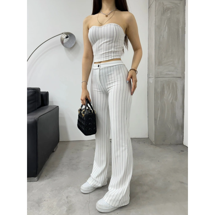 Çizgili Straplez pantolonlu ikili takım