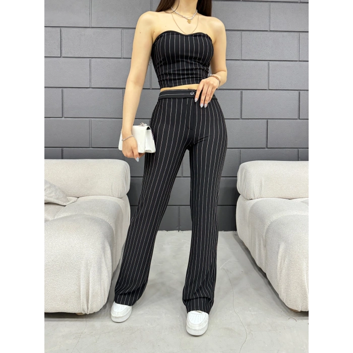 Çizgili Straplez pantolonlu ikili takım