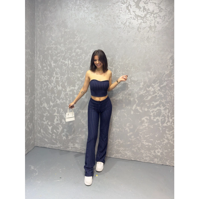 Çizgili Straplez pantolonlu ikili takım
