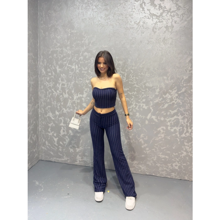 Çizgili Straplez pantolonlu ikili takım