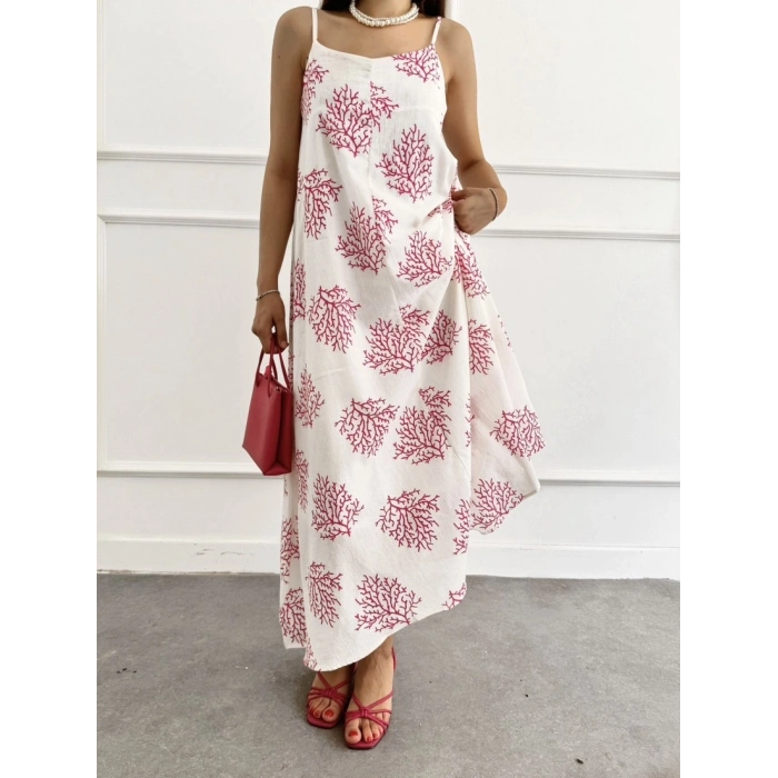 Astarlı desenli askı ayarlı uzun elbise