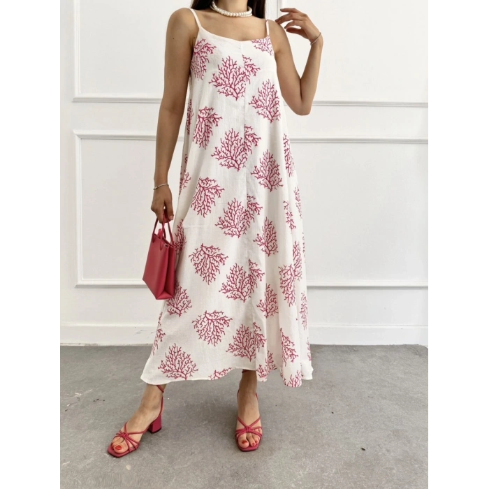 Astarlı desenli askı ayarlı uzun elbise