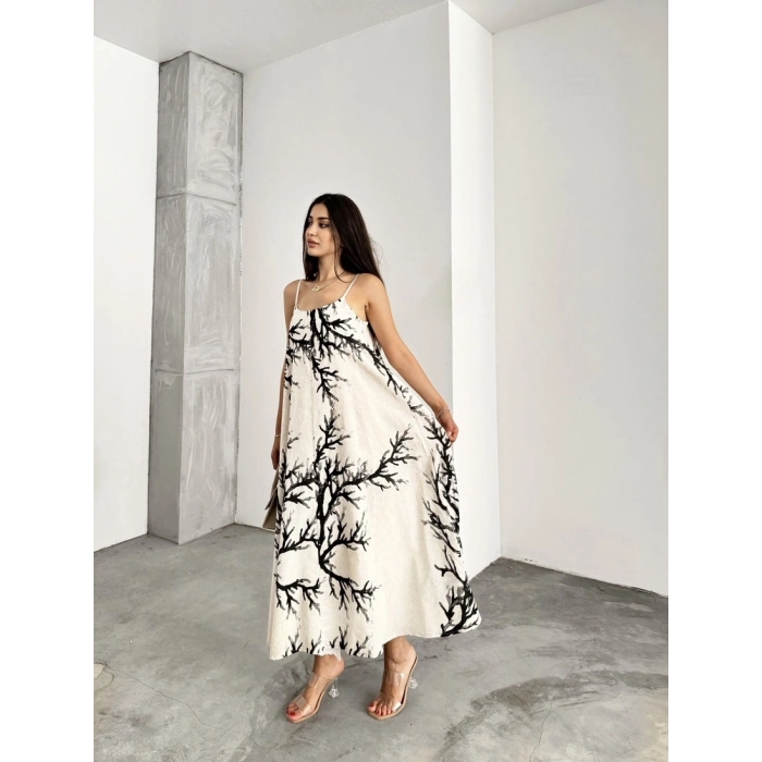Keten desenli askılı uzun elbise