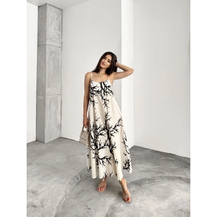 Keten desenli askılı uzun elbise
