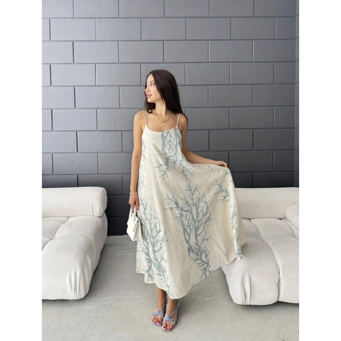Keten desenli askılı uzun elbise