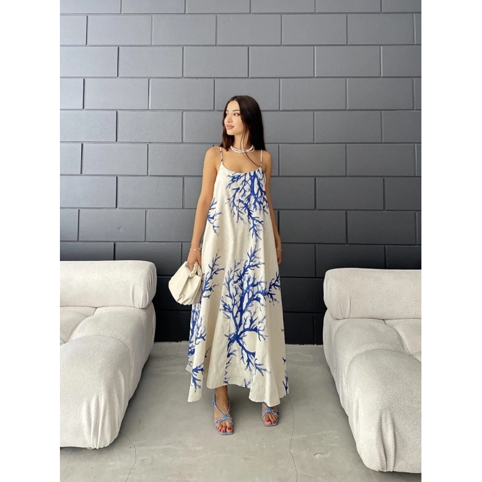 Keten desenli askılı uzun elbise