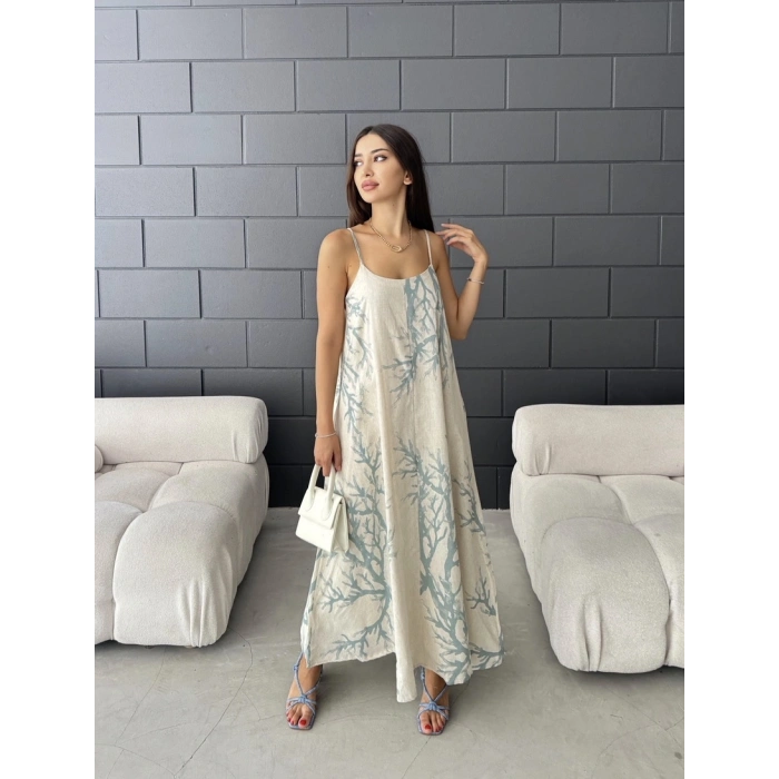 Keten desenli askılı uzun elbise