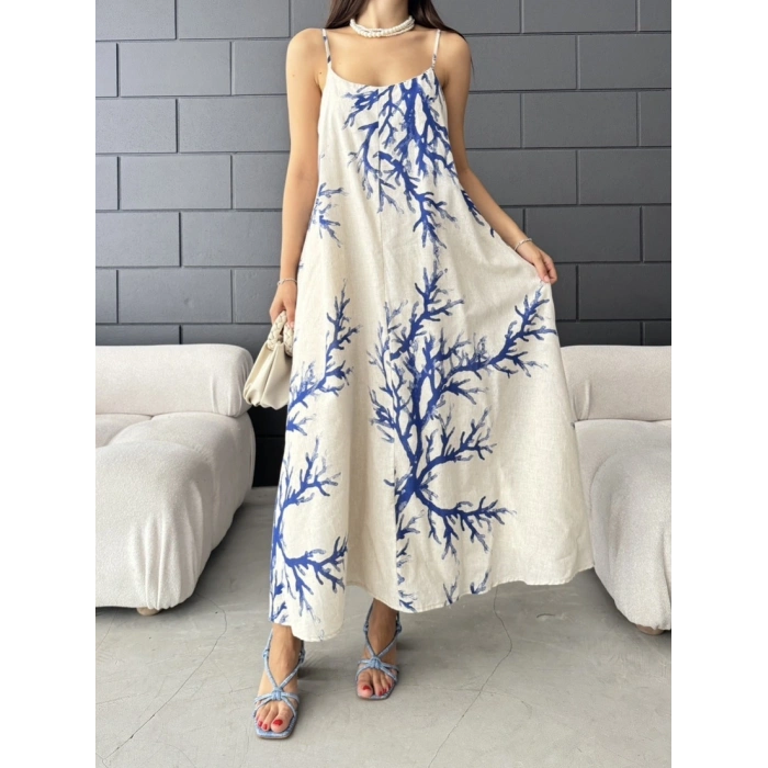 Keten desenli askılı uzun elbise
