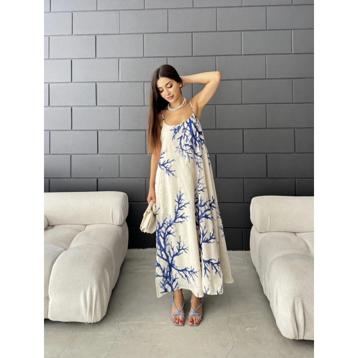 Keten desenli askılı uzun elbise