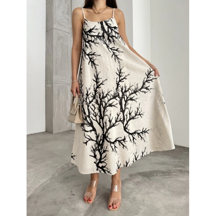 Keten desenli askılı uzun elbise