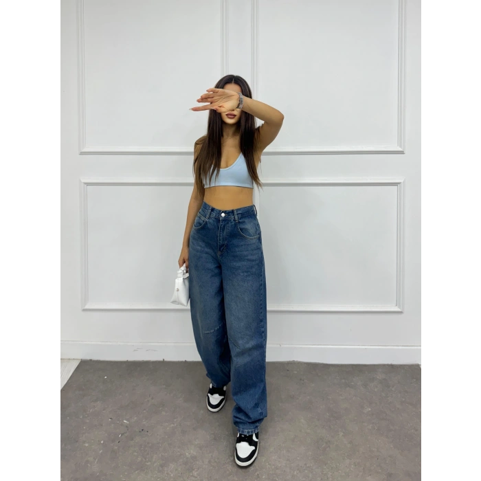 Arka kemer tokalı baggy jean