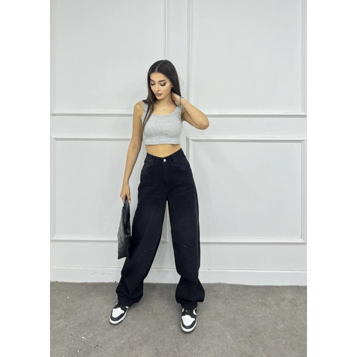 Arka kemer tokalı baggy jean