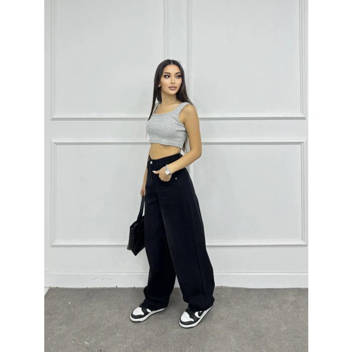 Arka kemer tokalı baggy jean