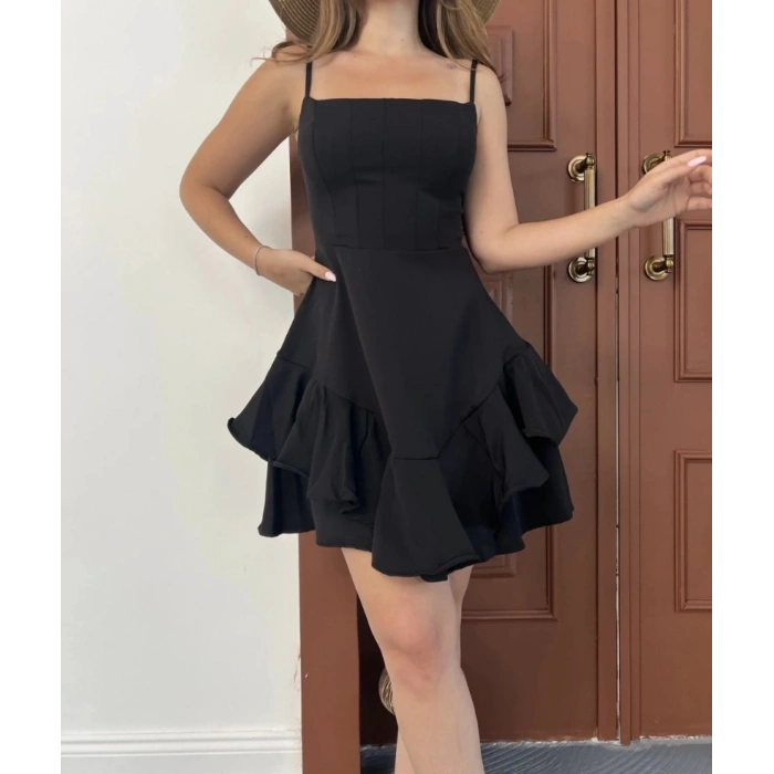 Fırfır detay askılı mini elbise