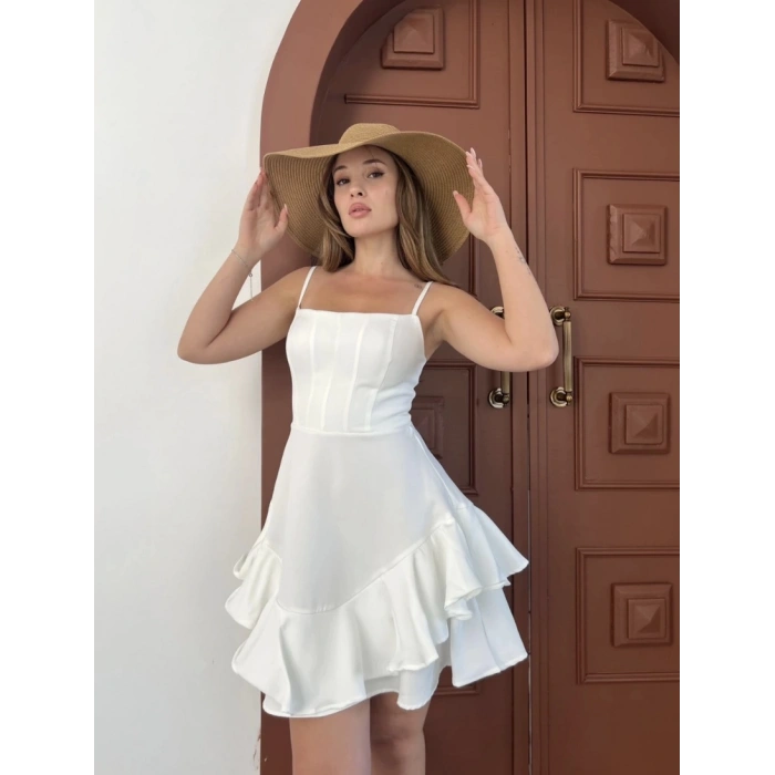 Fırfır detay askılı mini elbise