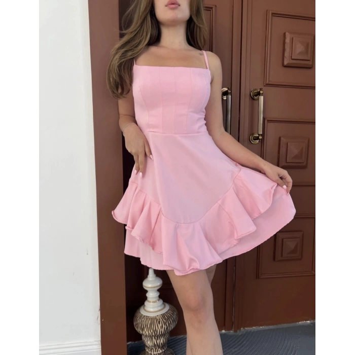 Fırfır detay askılı mini elbise