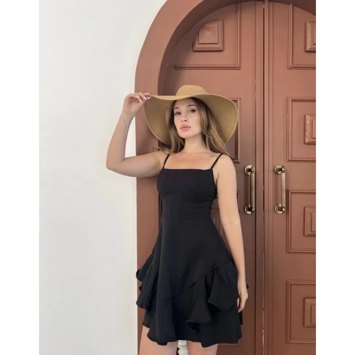 Fırfır detay askılı mini elbise