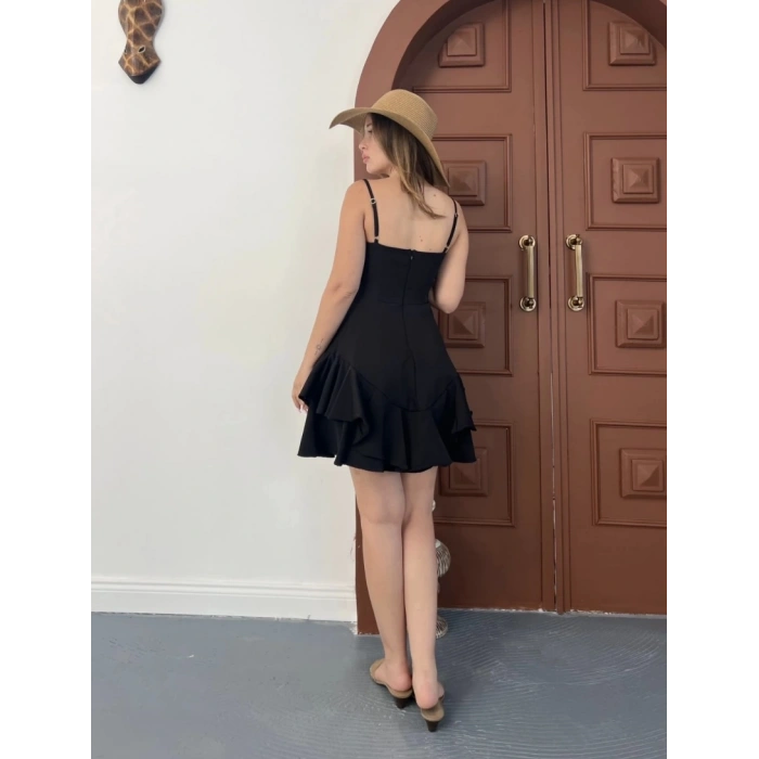 Fırfır detay askılı mini elbise