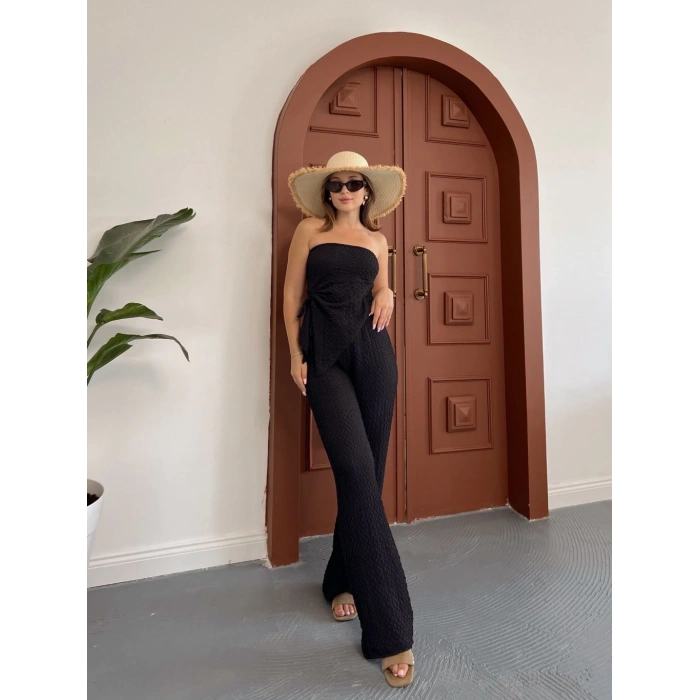 Straplez büzgülü bluz ve pantolonlu ikili takım