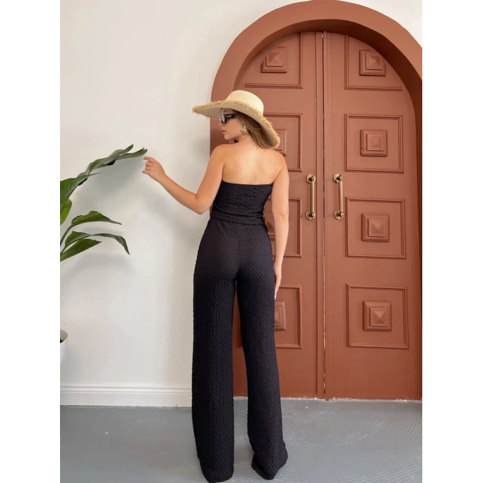 Straplez büzgülü bluz ve pantolonlu ikili takım