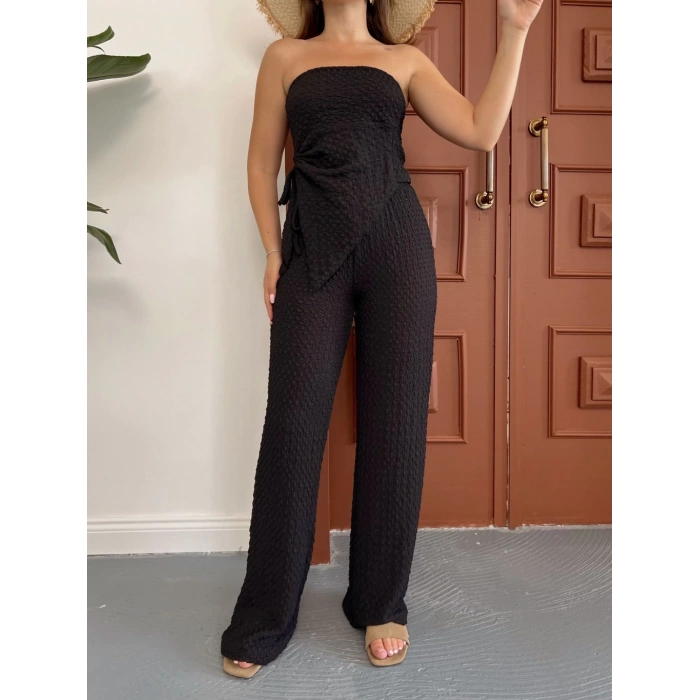 Straplez büzgülü bluz ve pantolonlu ikili takım