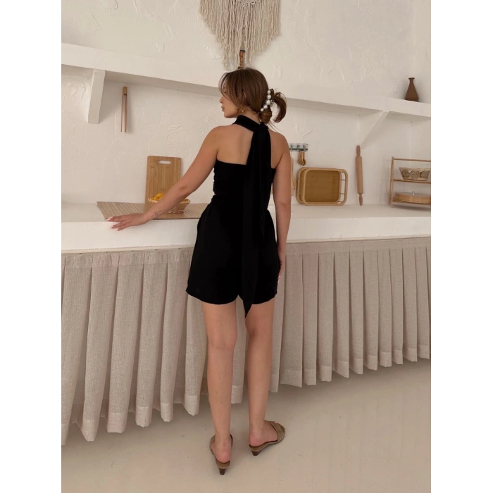 Boyundan bağlamalı keten şortlu takım