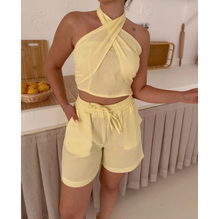 Boyundan bağlamalı keten şortlu takım